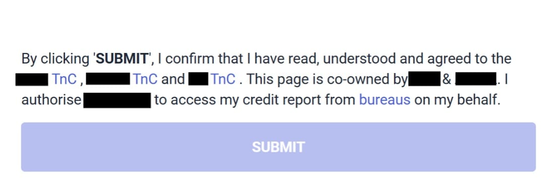 Screenshot of a trading app's signup form showing a pre-ticked consent checkbox with bundled Terms & Conditions from two separate entities, alongside a 'SUBMIT' button. The text confirms the user has agreed to share data with a co-owned third party with no option to consent to one without the other.